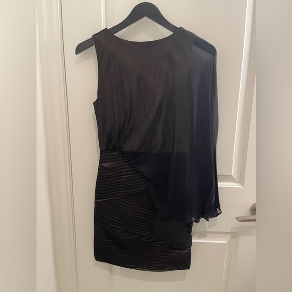 BCBG Maxazria cocktail mini black dress, asymmetrical sleeve, extra-small - Picture 2 of 6
